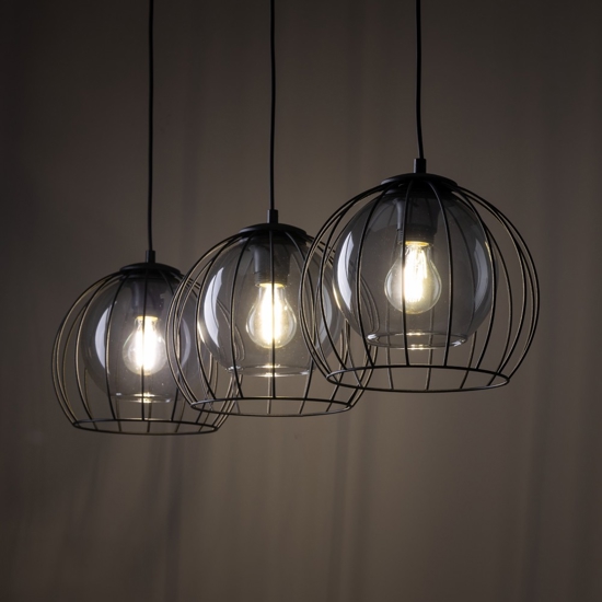 Lampadario per cucina lineare nero tre elementi a sfera diffusori a gabbia